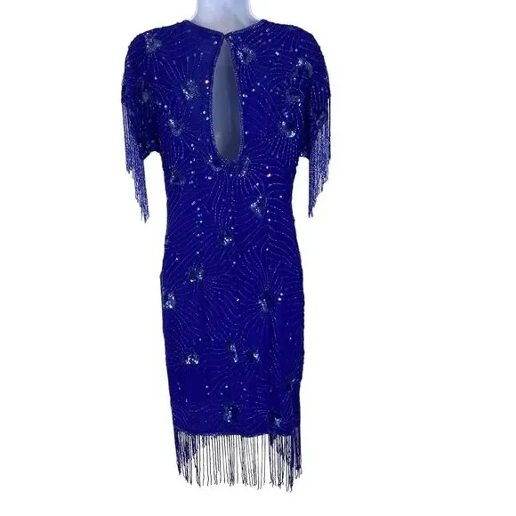 Stenay Womens Evening Silk Dress | 8 | Sequin Beaded Fringe | Royal Blue - Picture 2 of 16
